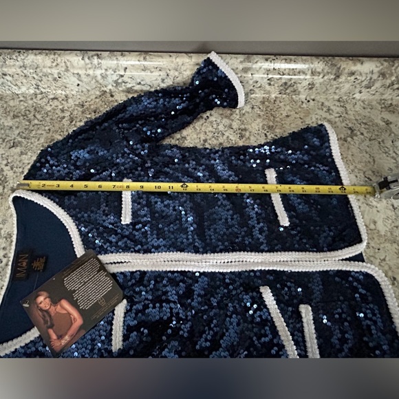 NWT Iman Global Chic Blue Sequins White Trim Jacket Blazer Cardigan Size M - Picture 13 of 13